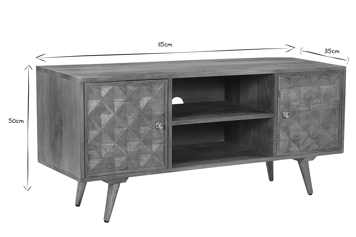 Mueble TV vintage de madera de mango maciza con puertas talladas diamantadas 115 cm HIRA