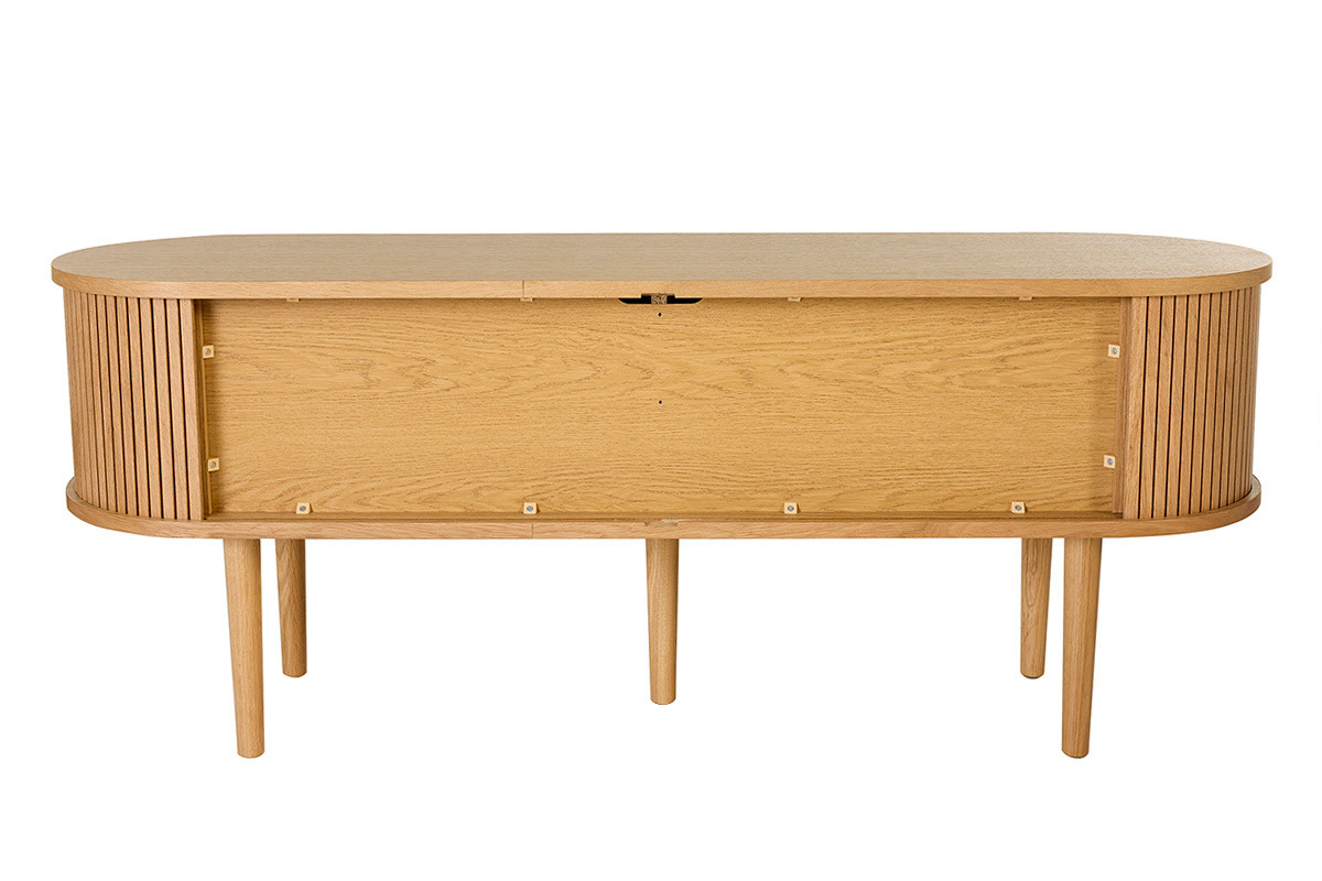 Mueble TV vintage de madera clara, vista trasera, con dos puertas correderas y patas de roble macizo.
