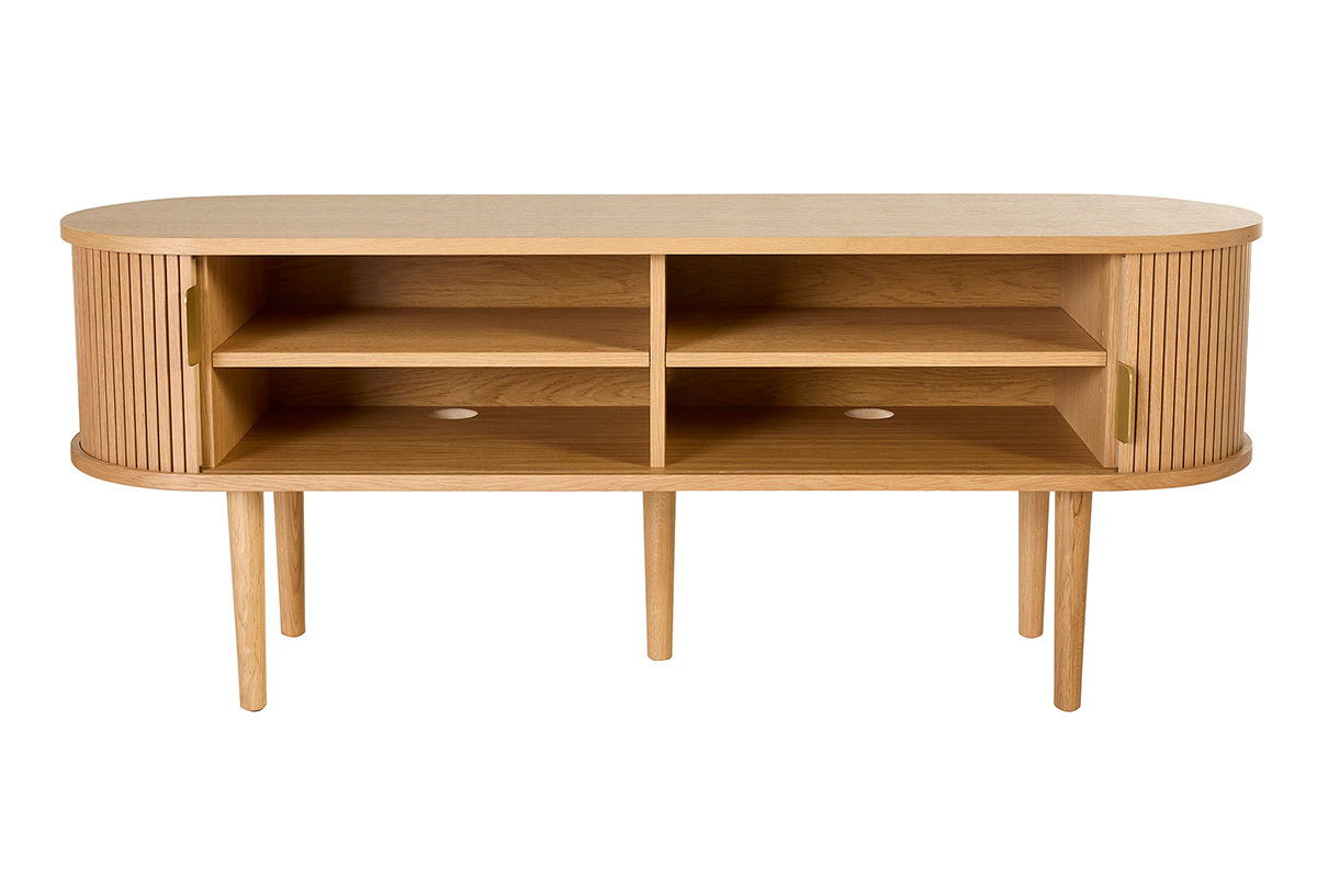 Mueble TV vintage de madera clara de roble con almacenaje y dos puertas correderas, vista frontal.