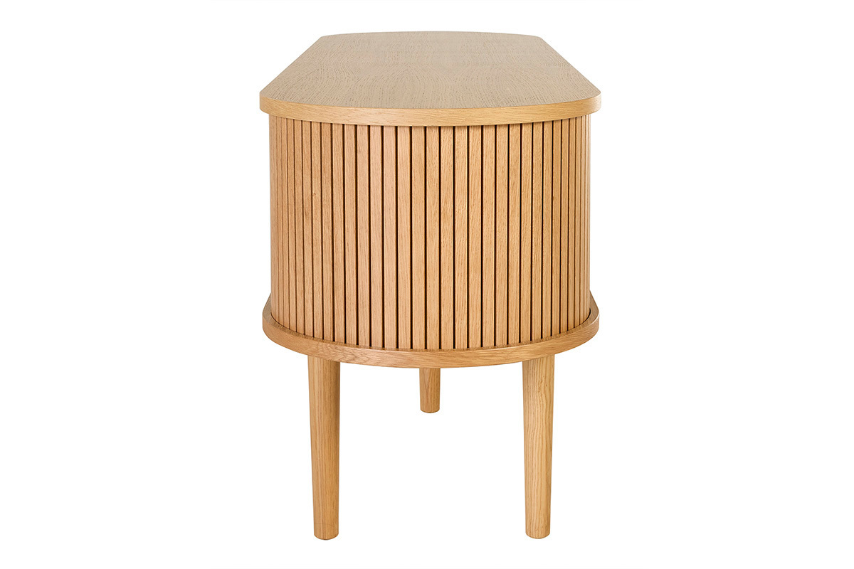 Mueble TV vintage de madera clara de roble con almacenaje, vista de perfil, dise�o elegante y atemporal.