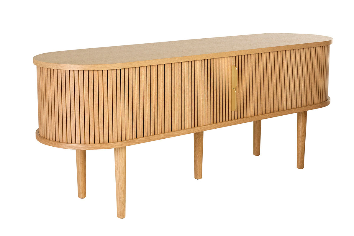 Mueble TV vintage de roble claro con dos puertas correderas, vista en 3/4