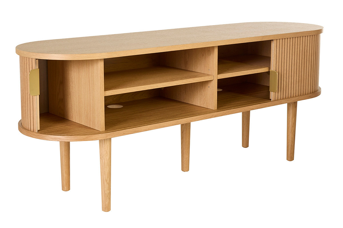Mueble de TV vintage de madera clara de roble con espacio de almacenamiento, dos puertas correderas, vista en 3/4.