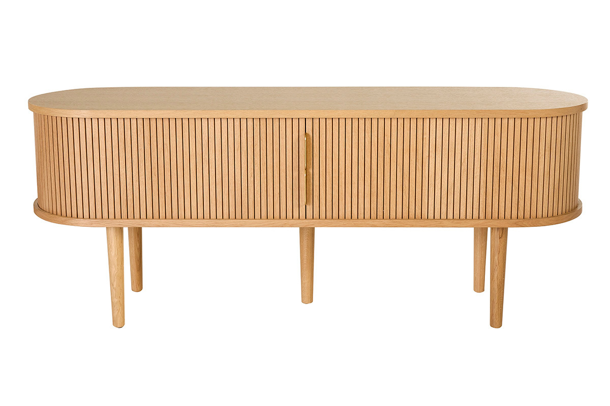 Mueble de TV vintage de madera clara de roble con dos puertas correderas, vista frontal.