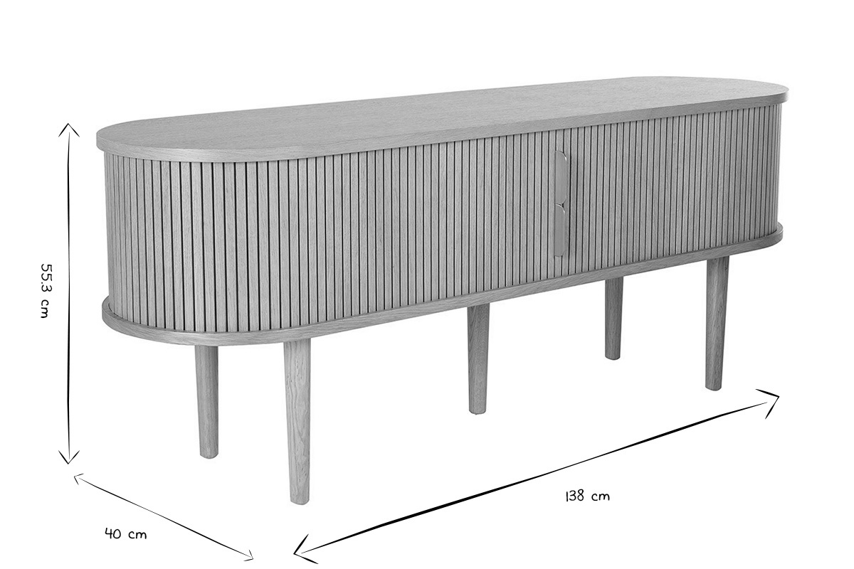 Dimensiones del mueble de TV vintage: L138 cm, P40 cm, H55,3 cm en negro y blanco.