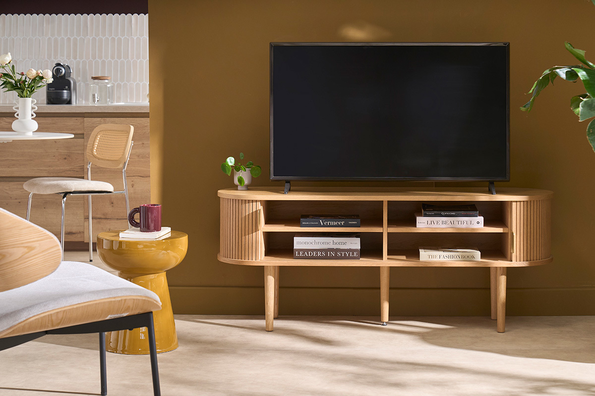 Mueble TV vintage madera clara roble con almacenaje 2 puertas correderas L138 cm EPIC