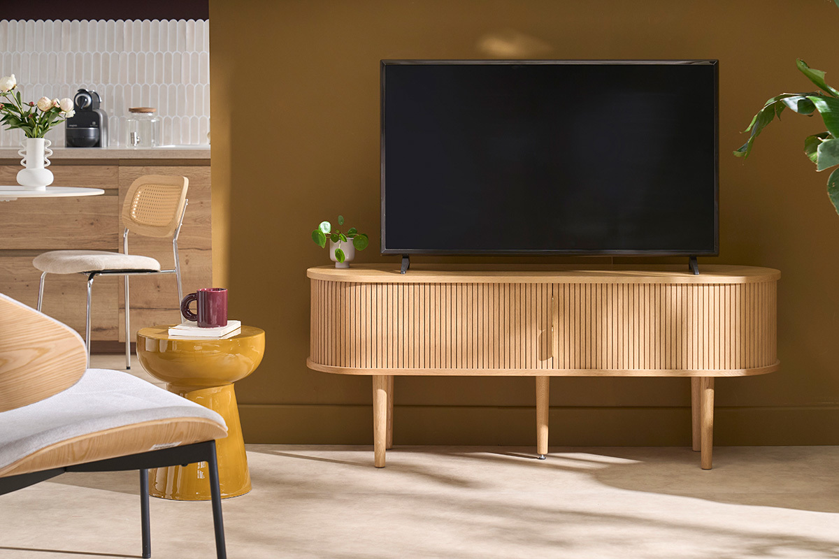 Mueble TV vintage madera clara roble con almacenaje 2 puertas correderas L138 cm EPIC
