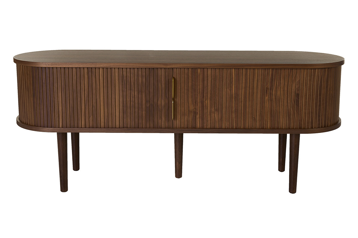 Mueble TV vintage de madera oscura nogal con 2 puertas correderas, vista frontal