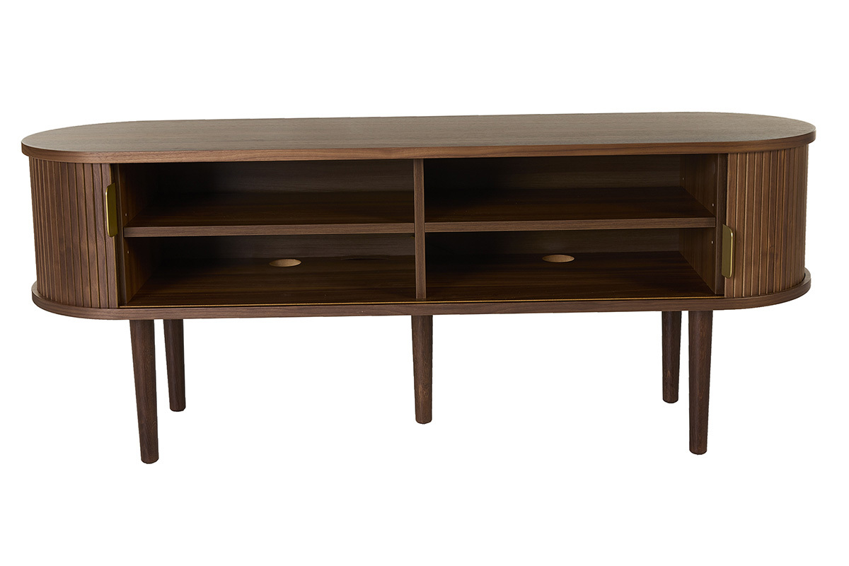 Mueble de TV vintage de madera oscura nogal con 2 puertas correderas, vista frontal.