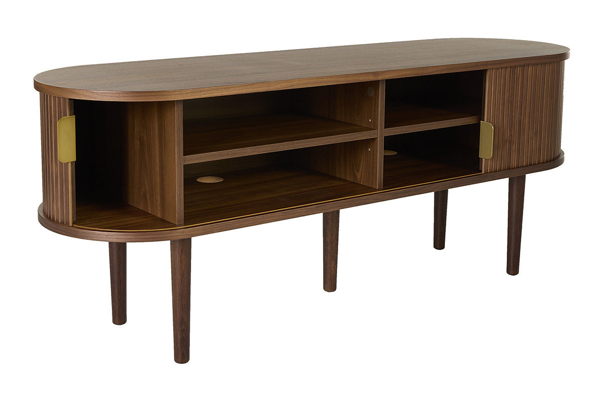 Mueble TV vintage de madera de nogal oscuro con dos puertas correderas, vista de 3/4, patas de roble macizo.