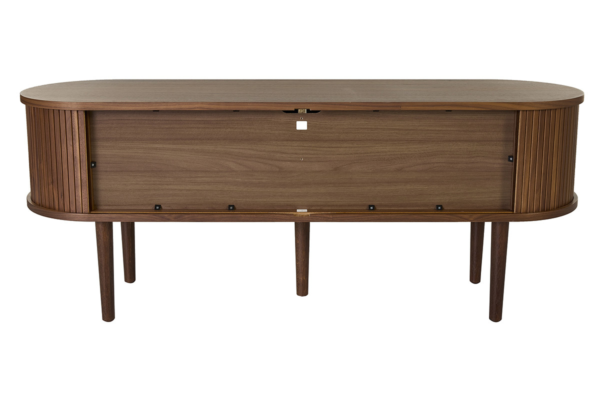 Mueble de TV vintage de madera oscura nogal con dos puertas correderas, vista trasera.