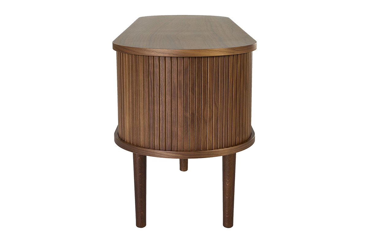 Mueble TV vintage de madera de nogal oscuro con almacenamiento, vista de perfil, patas de roble macizo.