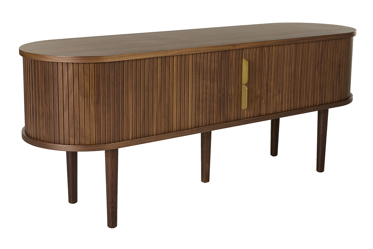 Mueble TV vintage de madera oscura nogal con dos puertas correderas, estilo retro chic.
