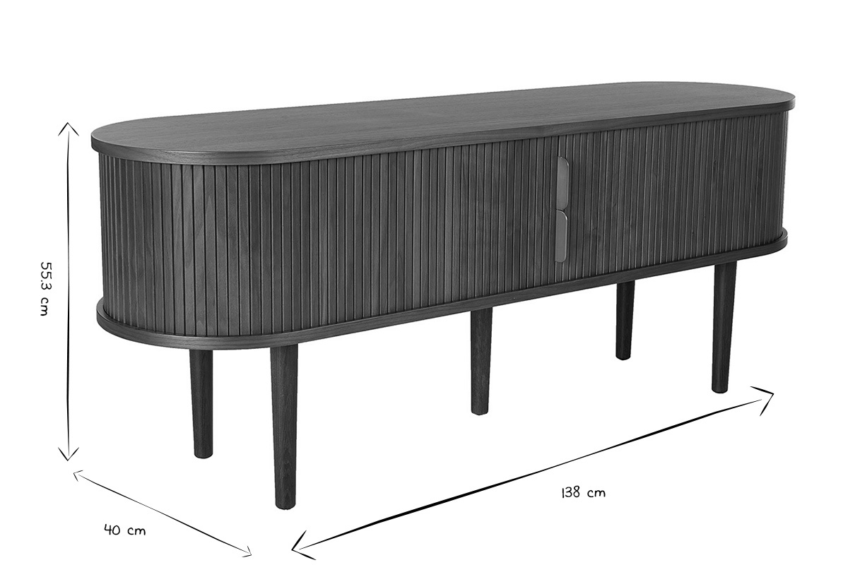 Mueble TV vintage de madera oscura nogal con almacenaje, dos puertas correderas, vista de 3/4, dimensiones 138x40x55.3 cm.