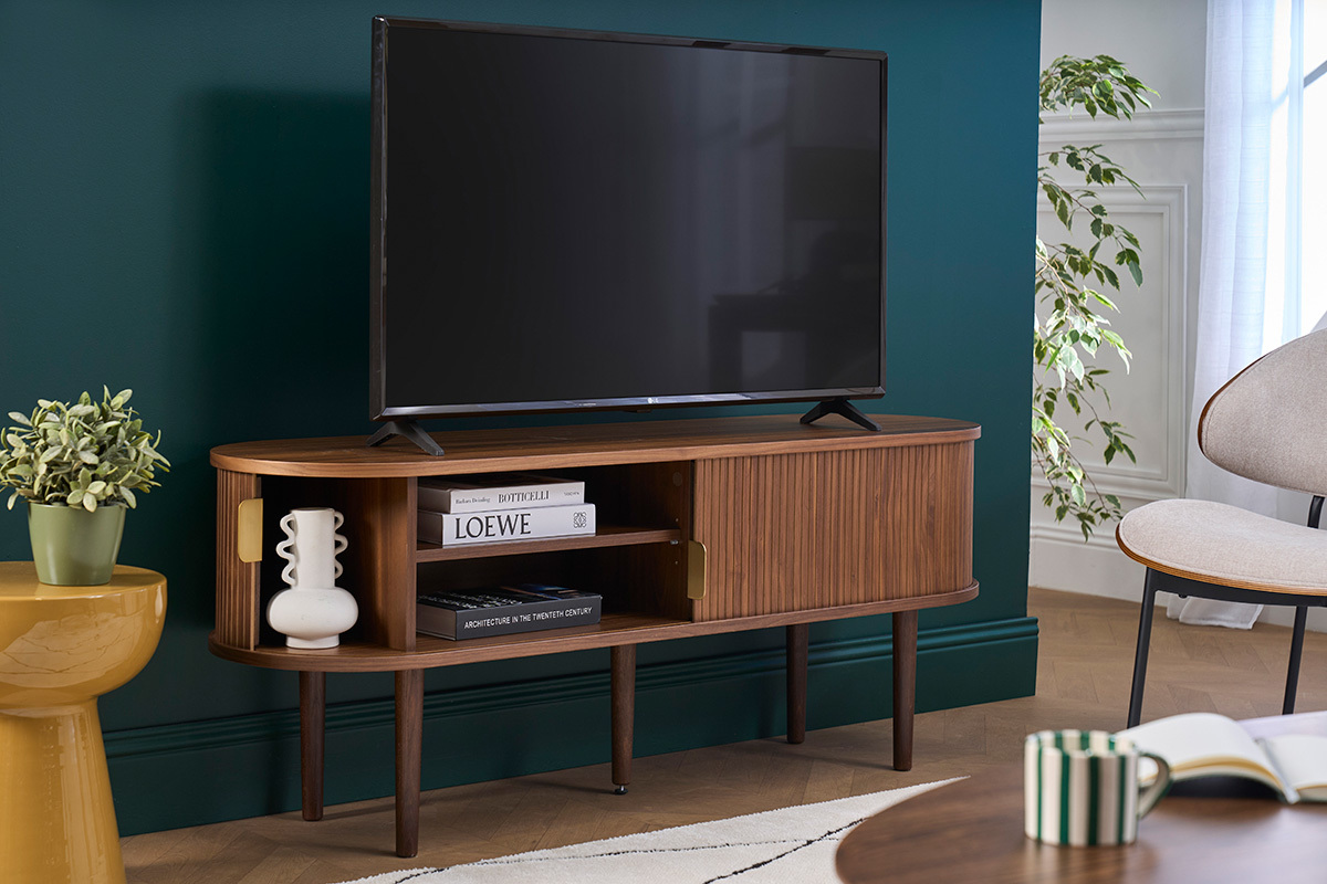 Mueble TV vintage madera oscura nogal con almacenaje 2 puertas correderas L138 cm EPIC