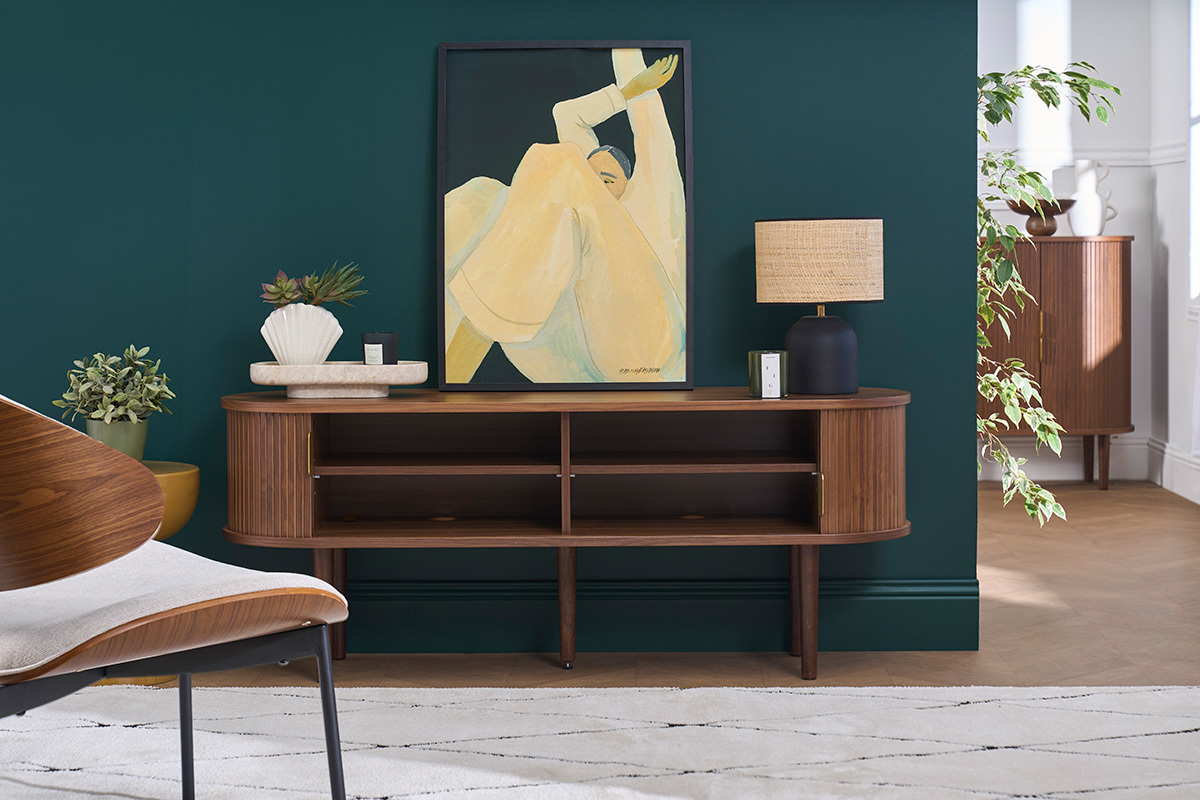 Mueble TV vintage madera oscura nogal con almacenaje 2 puertas correderas L138 cm EPIC