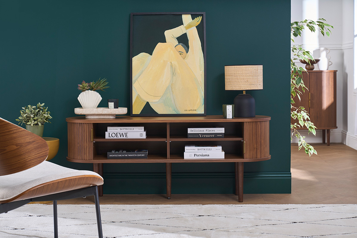 Mueble TV vintage madera oscura nogal con almacenaje 2 puertas correderas L138 cm EPIC