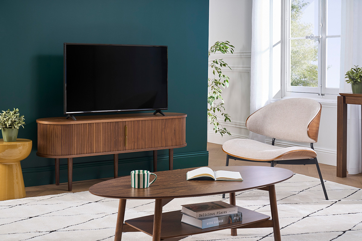 Mueble TV vintage madera oscura nogal con almacenaje 2 puertas correderas L138 cm EPIC