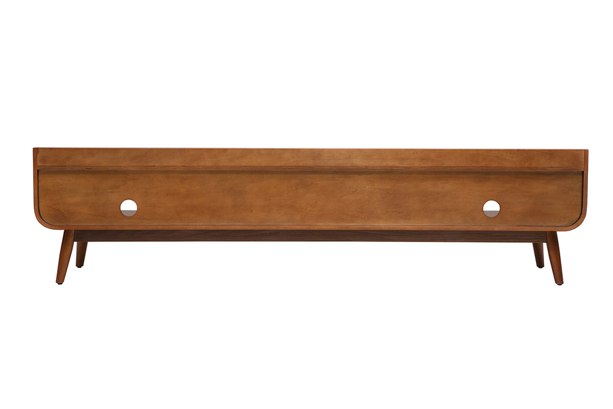 Mueble de TV vintage de madera oscura, vista trasera, con caj�n y nichos abiertos.