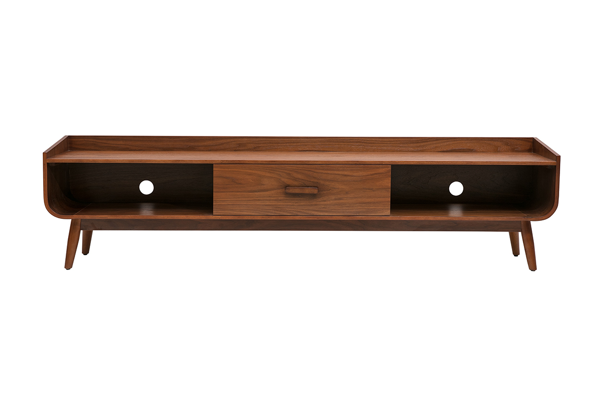 Mueble de TV vintage de madera oscura, 200 cm, con caj�n central y nichos abiertos.