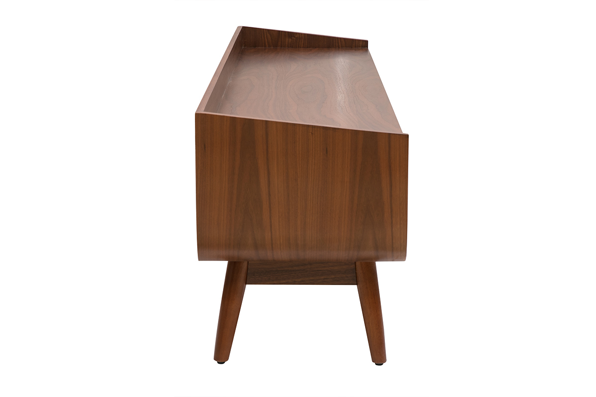 Mueble para TV vintage de madera oscura, vista lateral, dise�o elegante y patas c�nicas.