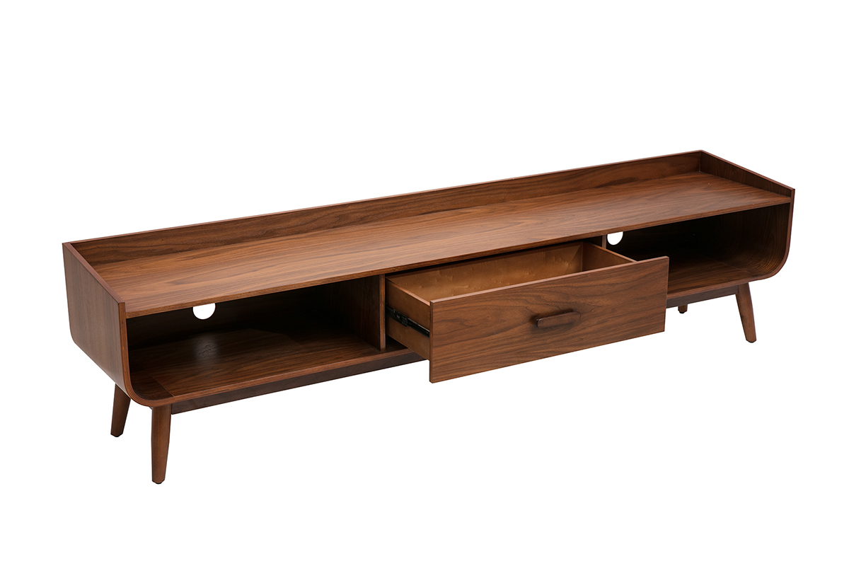 Mueble TV vintage de madera oscura nogal con caj�n abierto y nichos abiertos.