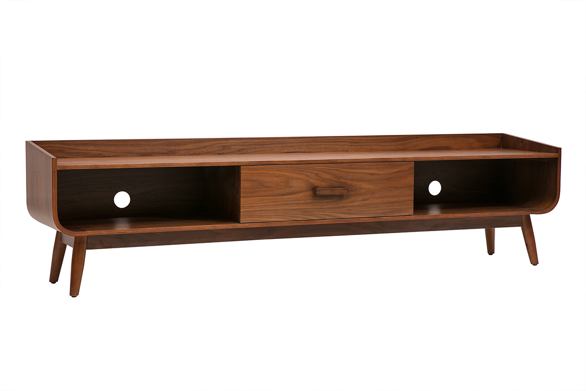 Mueble de TV vintage de madera de nogal oscuro, con caj�n y nichos abiertos, vista de 3/4.
