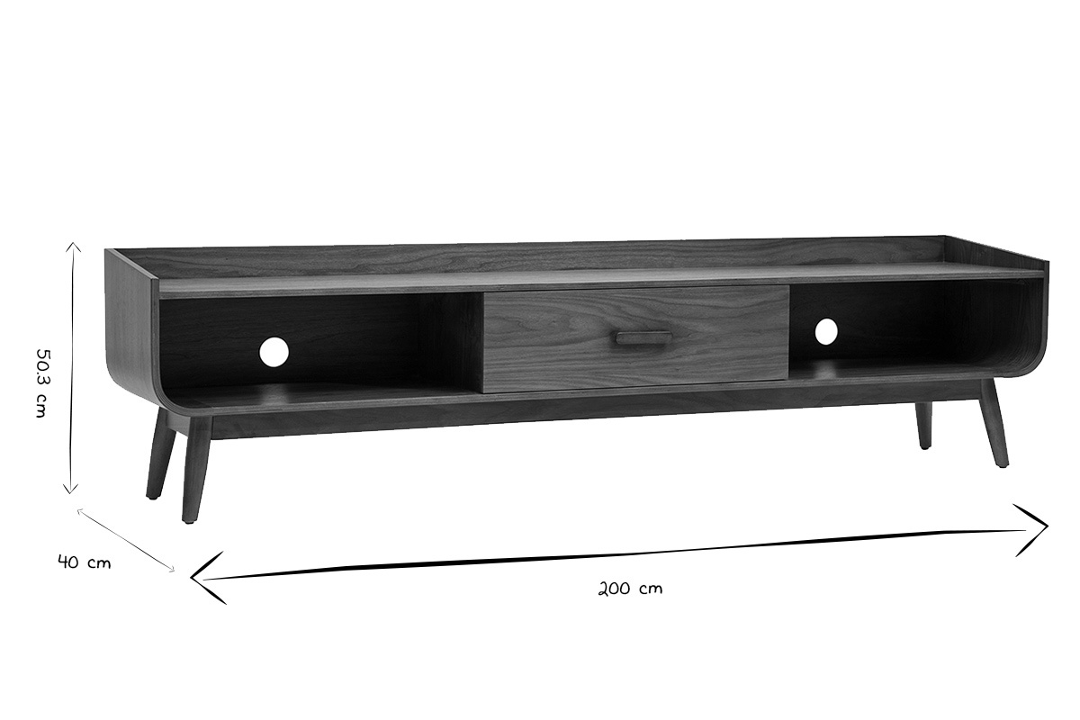 Dimensiones del mueble TV HALLEN: L200 cm, P40 cm, H50,3 cm en negro y blanco.