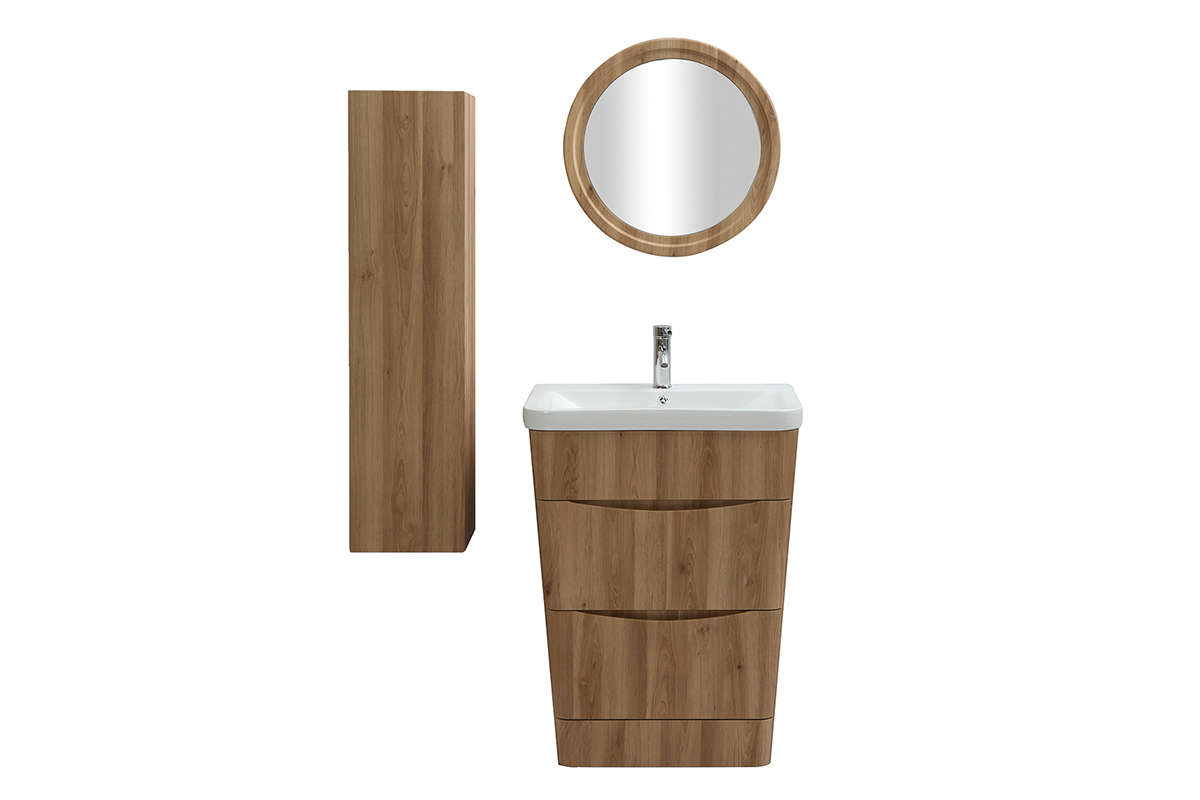 Mueble y columna de bao madera con lavabo, espejo y almacenaje WILD