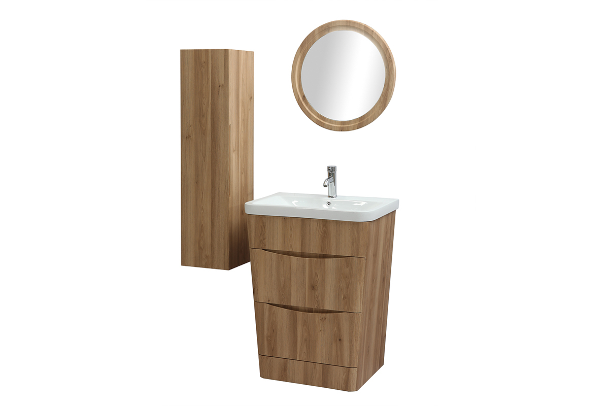 Mueble y columna de bao madera con lavabo, espejo y almacenaje WILD