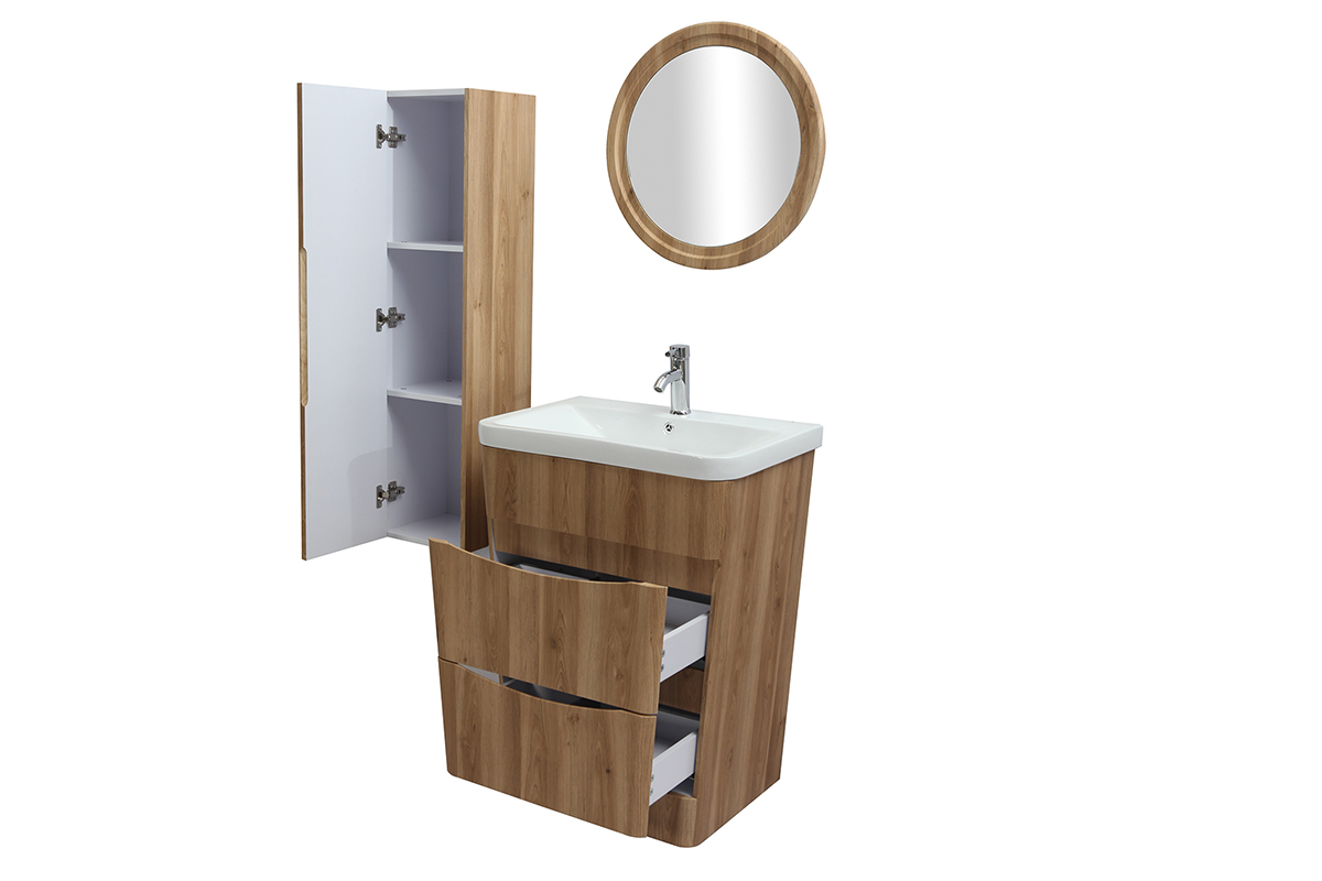 Mueble y columna de bao madera con lavabo, espejo y almacenaje WILD