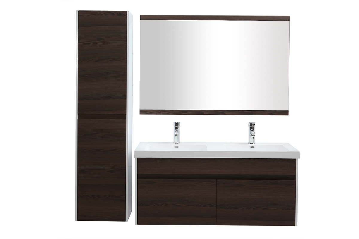 Muebles de bao con doble lavabo, espejo y almacenaje blanco y madera oscura GANFO