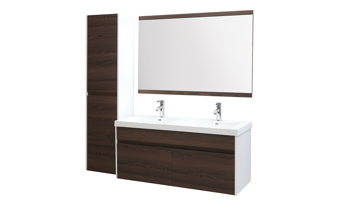Muebles de bao con doble lavabo, espejo y almacenaje blanco y madera oscura GANFO