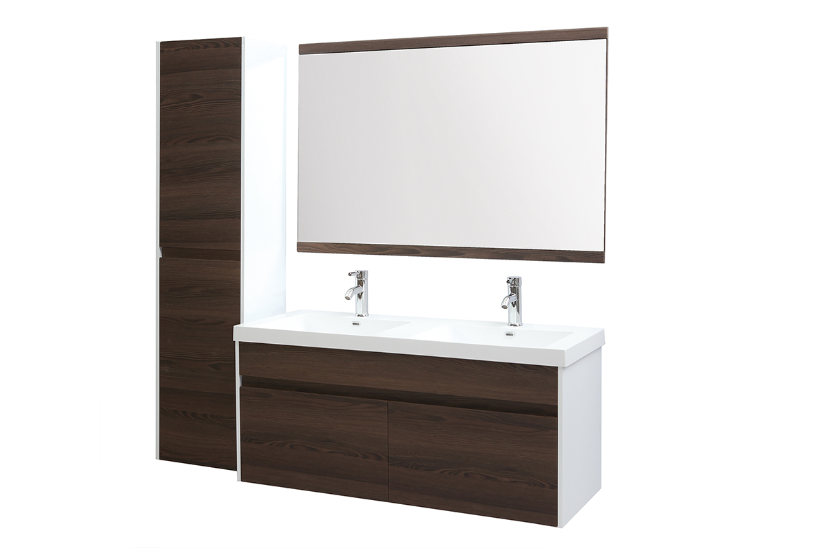 Muebles de bao con doble lavabo, espejo y almacenaje blanco y madera oscura GANFO