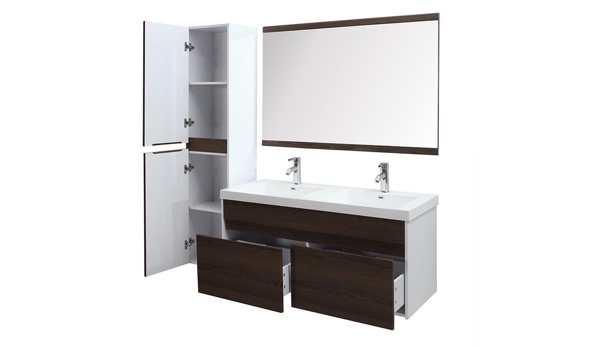 Muebles de bao con doble lavabo, espejo y almacenaje blanco y madera oscura GANFO