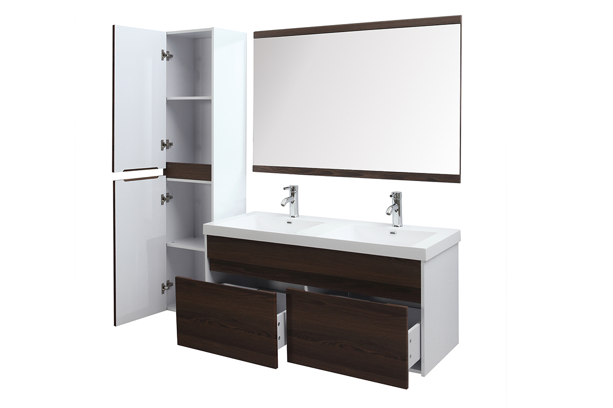 Muebles de bao con doble lavabo, espejo y almacenaje blanco y madera oscura GANFO