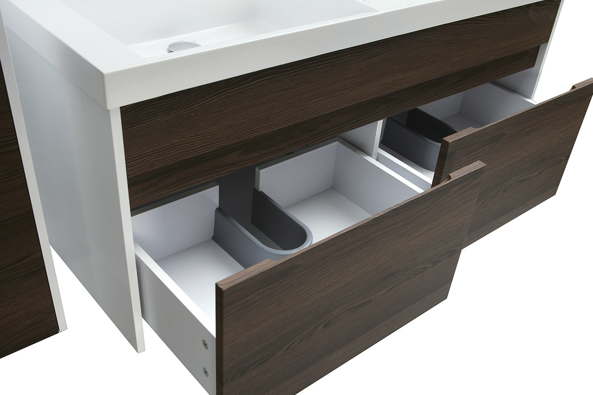 Muebles de bao con doble lavabo, espejo y almacenaje blanco y madera oscura GANFO