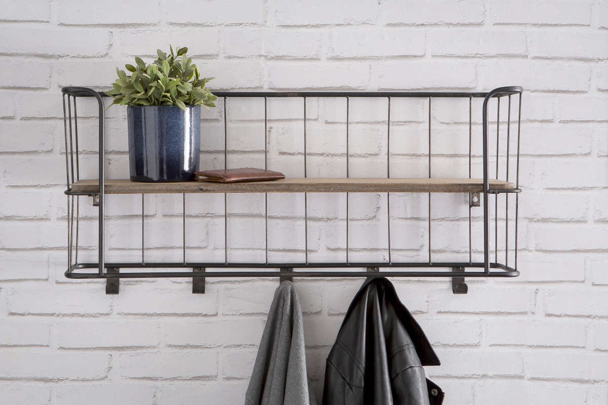 Perchero de pared metal gris y madera 85cm MANUFACTURE