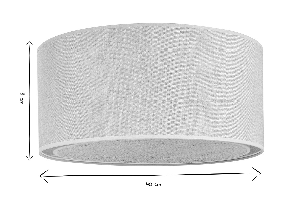 Dimensiones de la l�mpara de techo cil�ndrica de lino y rabane, 40 cm de di�metro, 18 cm de altura, en negro y blanco.
