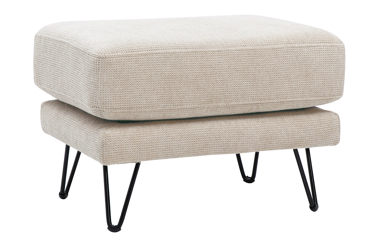 Puf reposapi�s de tejido chenilla beige y metal, vista en 3/4, con patas de horquilla.