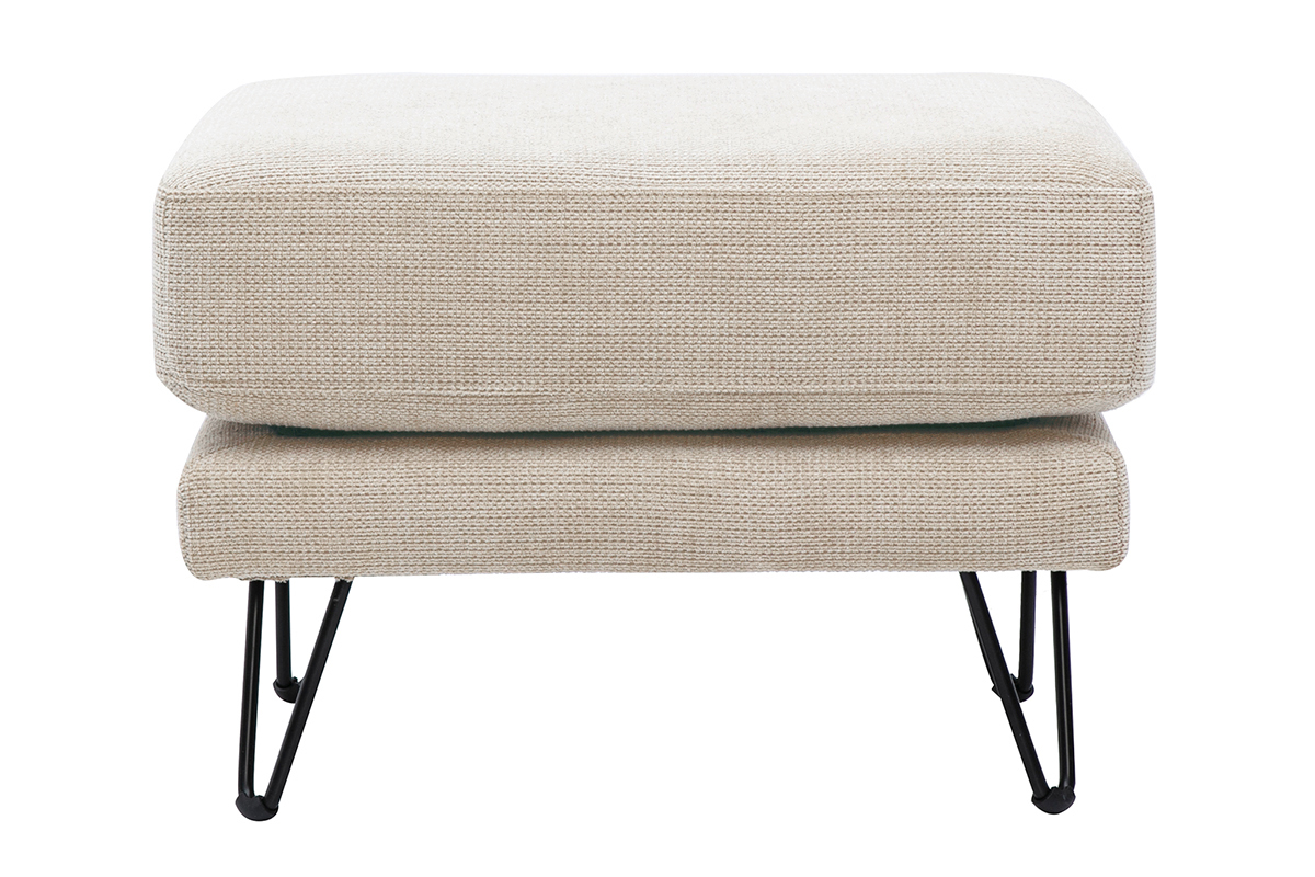 Puf OSLO en tejido de chenilla beige con patas de metal negro, vista frontal.