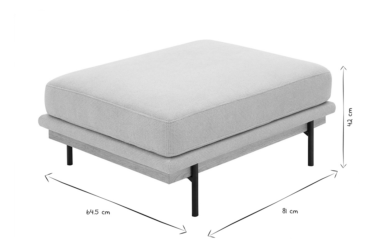 Puf TODD negro y blanco con dimensiones L81 x P64.5 x H42 cm mostradas.