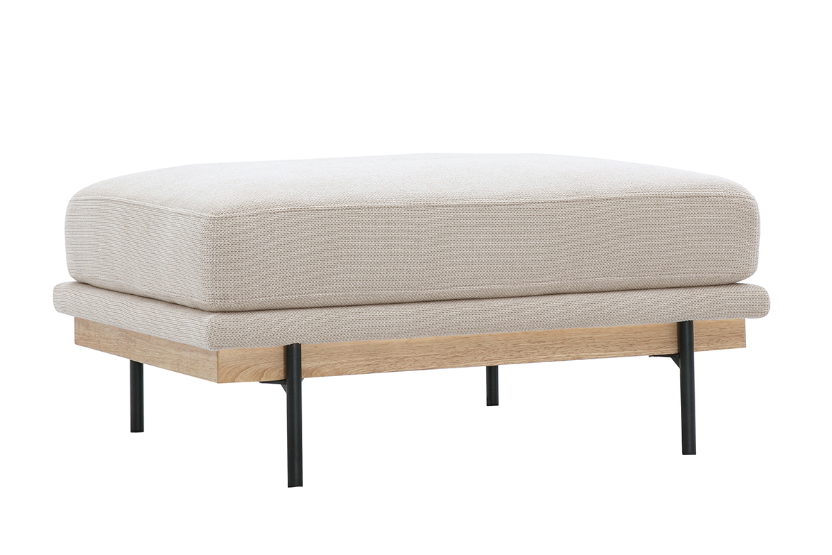 Puf reposapi�s beige en tela de chenilla y metal negro, vista de 3/4.