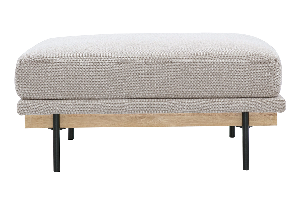 Puf reposapi�s de tela chenilla en color beige, vista frontal, patas de metal negro y madera.