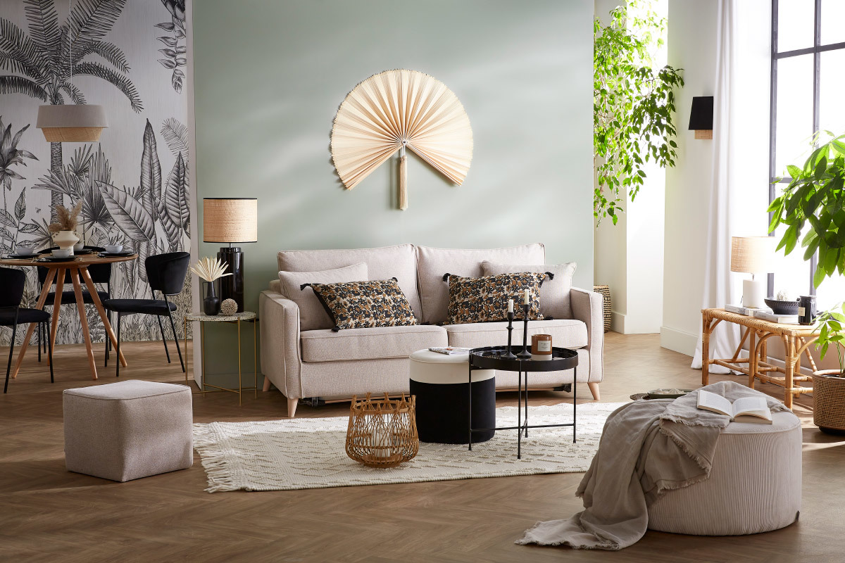 Puf de diseo cuadrado tela beige PAVE