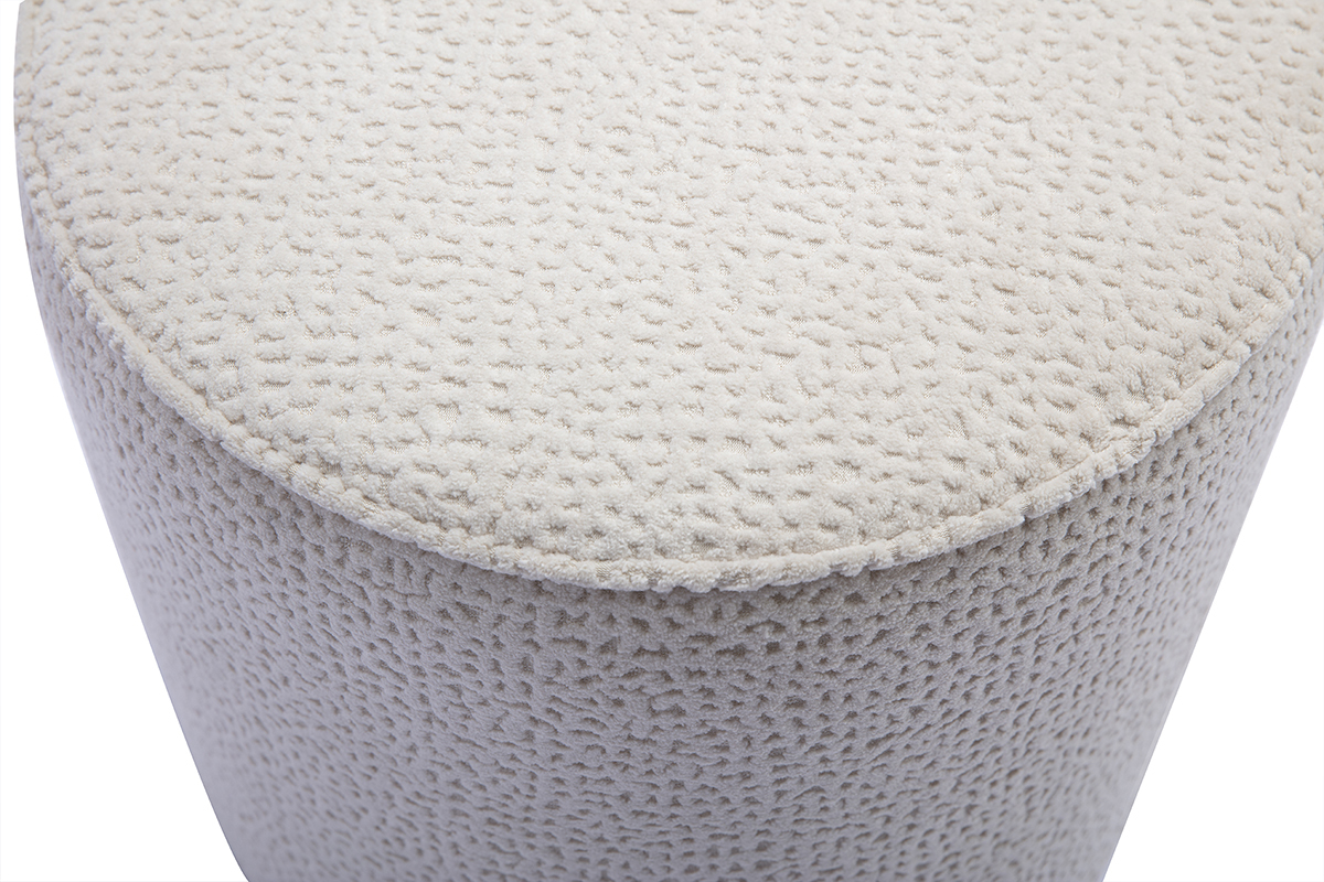 Vista superior del puf redondo de tela con efecto terciopelo texturizado en crudo con motivos, D40 cm.