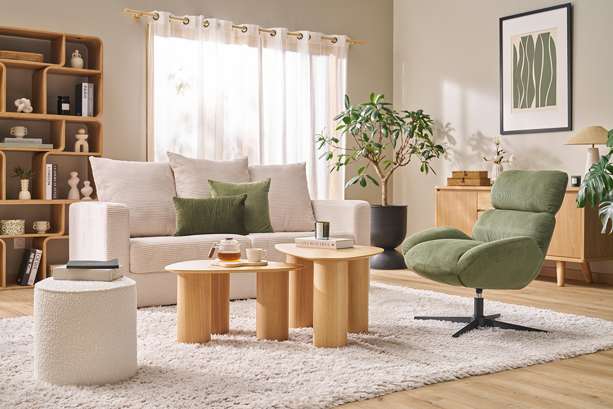 Puf redondo de terciopelo acanalado en color tierra quemada D40 cm PAUL