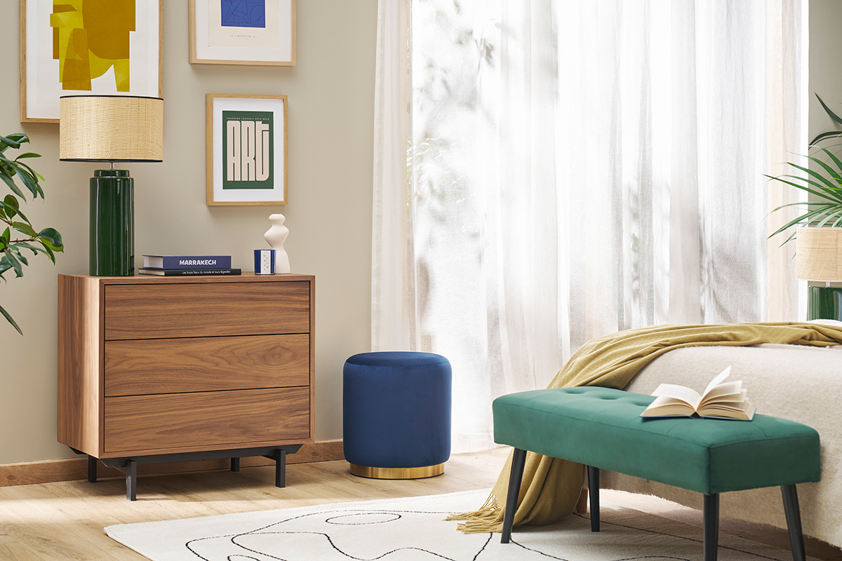 Puf redondo de terciopelo azul marino y metal dorado D40 cm AMAYA