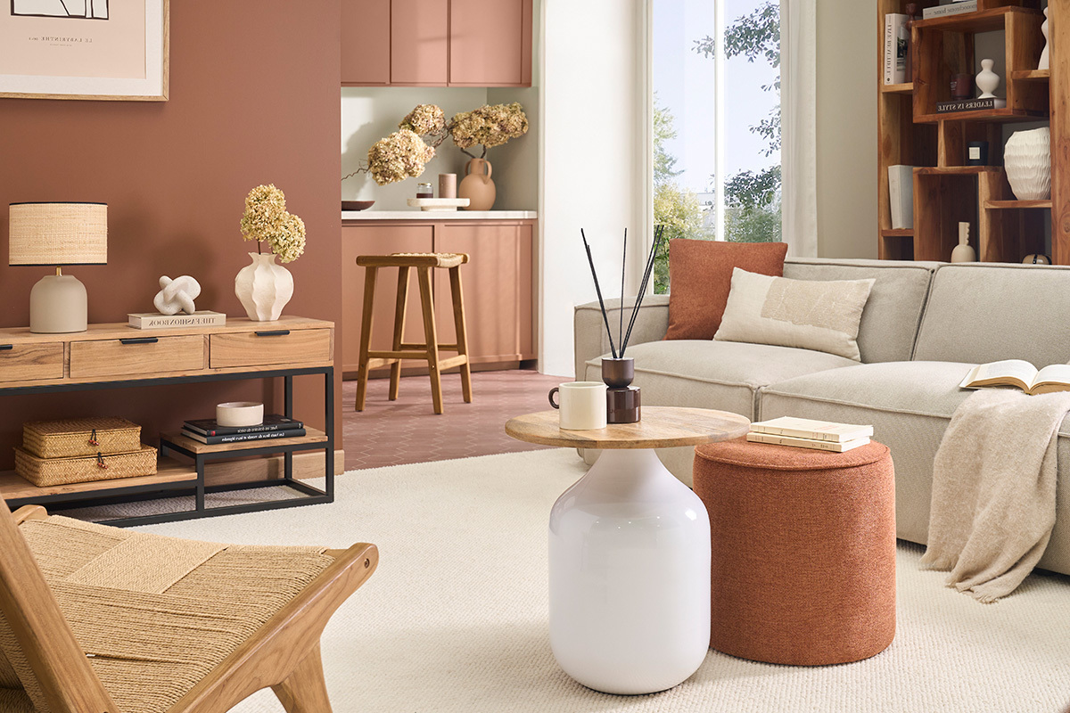 Puf redondo en tela efecto terciopelo texturado tierra quemada D40 cm PAUL