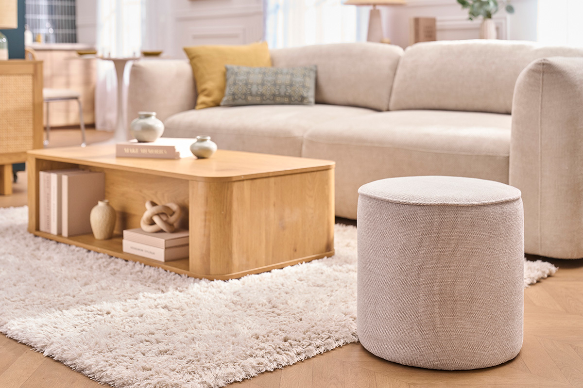 Puf redondo en tela efecto terciopelo texturizado beige D40 cm PAUL