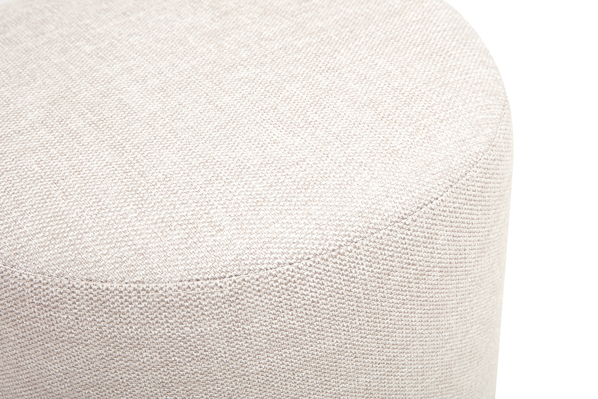 Puff redondo giratorio en tejido beige con efecto terciopelo, vista superior ampliada.